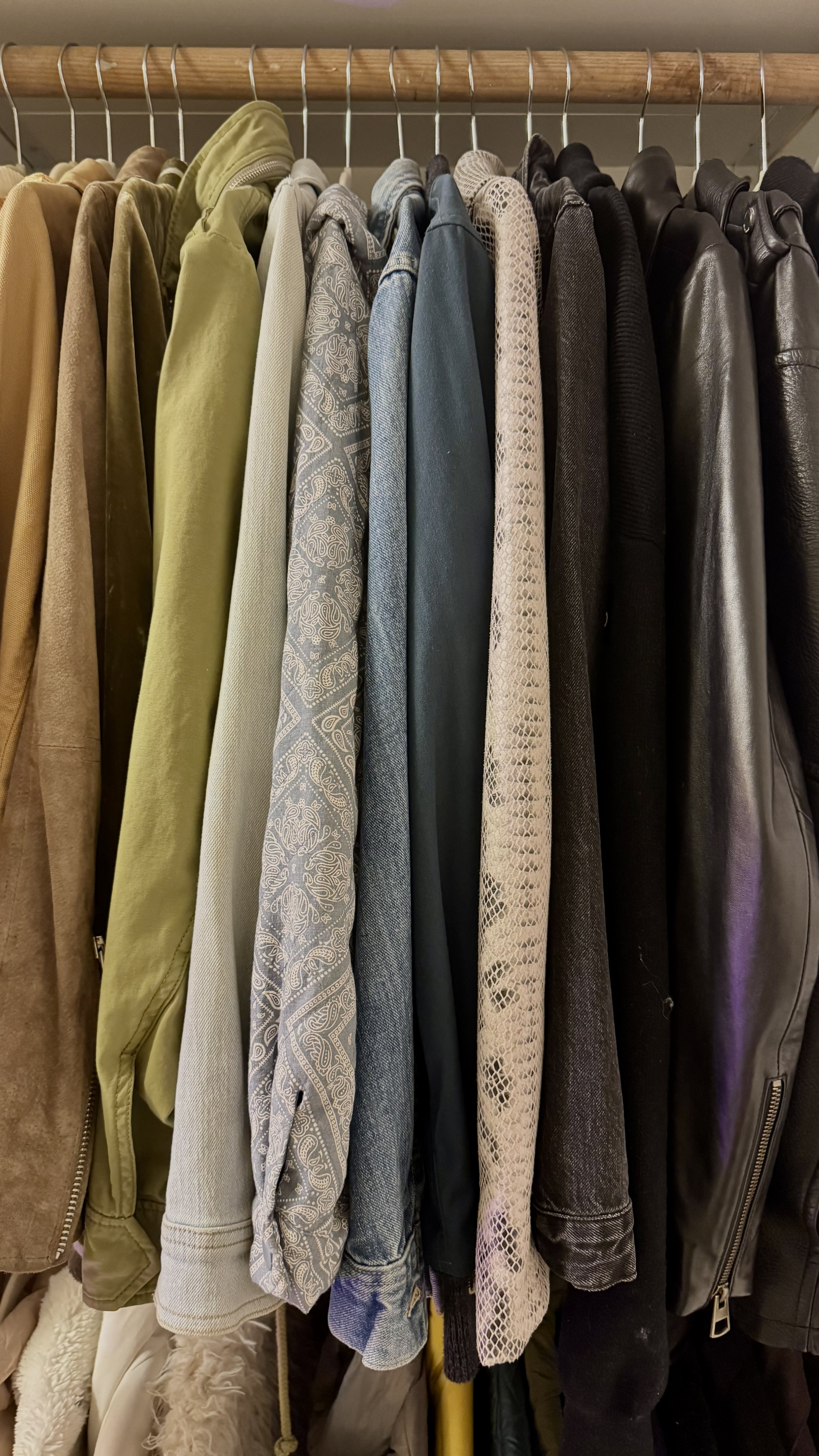 Professionally organized closet in a Charleston, SC home — jackets and shirts arranged by color on uniform hangers